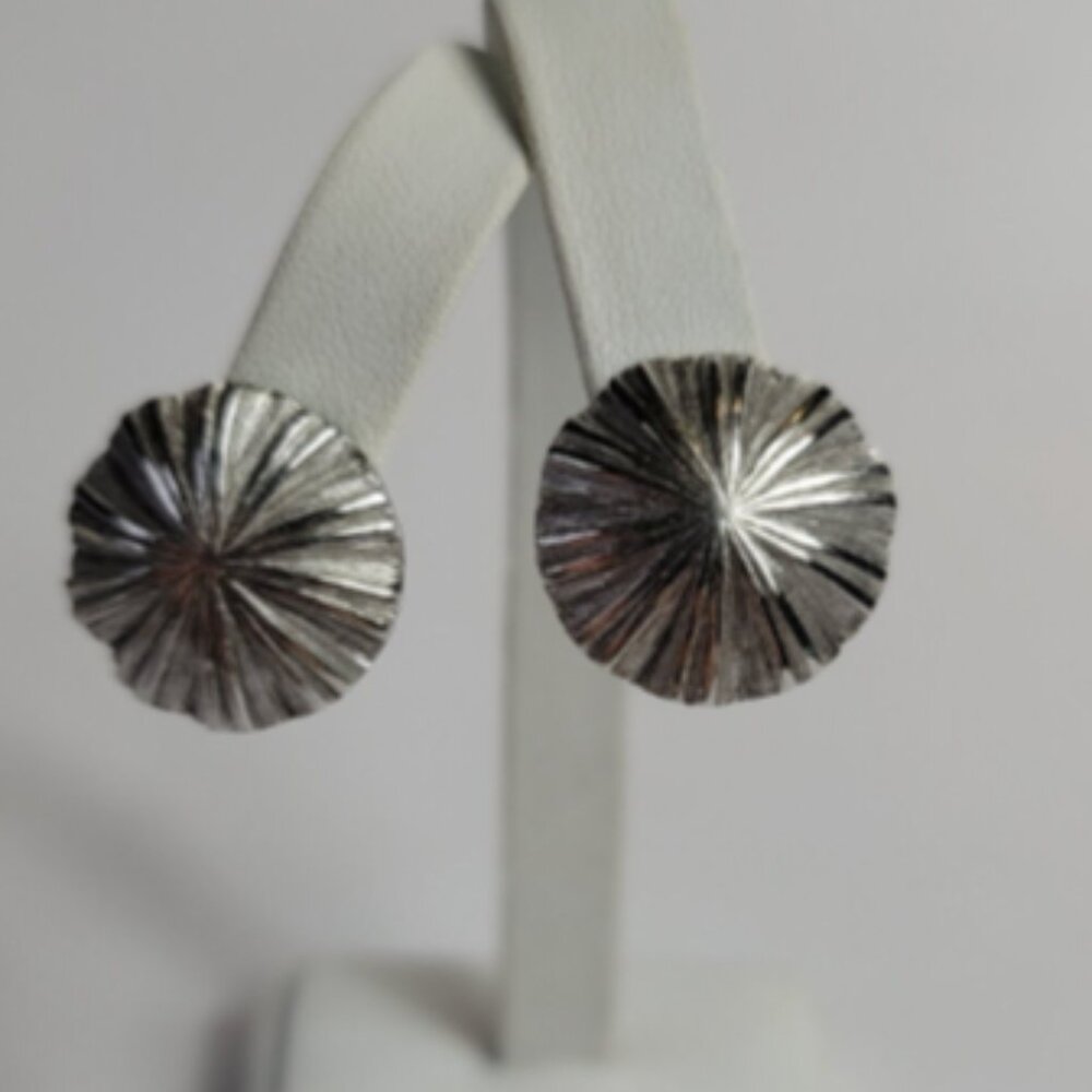 Vintage Silver Tone Button Sunburst Clip-On Earrings Signed Tradition Brand